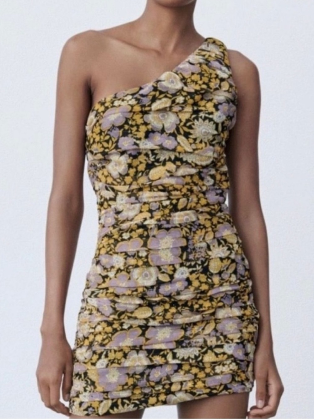 One-Shoulder Floral Ruched Mini Dress in Yellow and Lavender